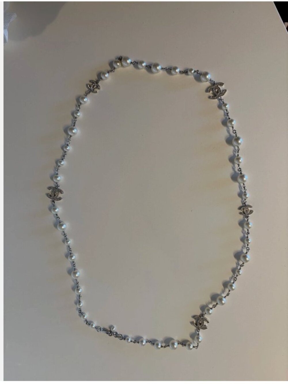 Authentic Chanel Pearl Crystal CC Logo Long Neckalce Ruthenium w Receipt T triba